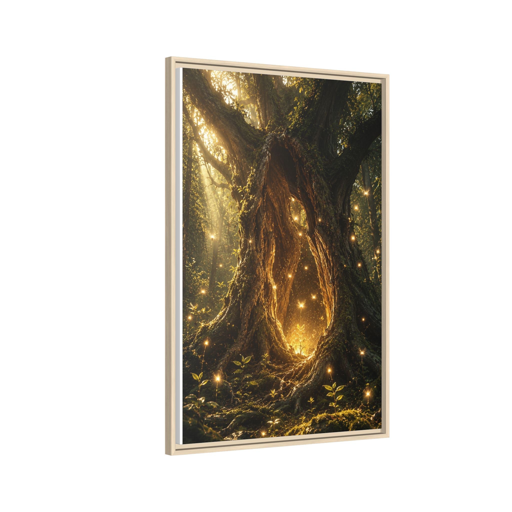 Framed Canvas Art - Enchanted Forest Tree with Glowing Fireflies