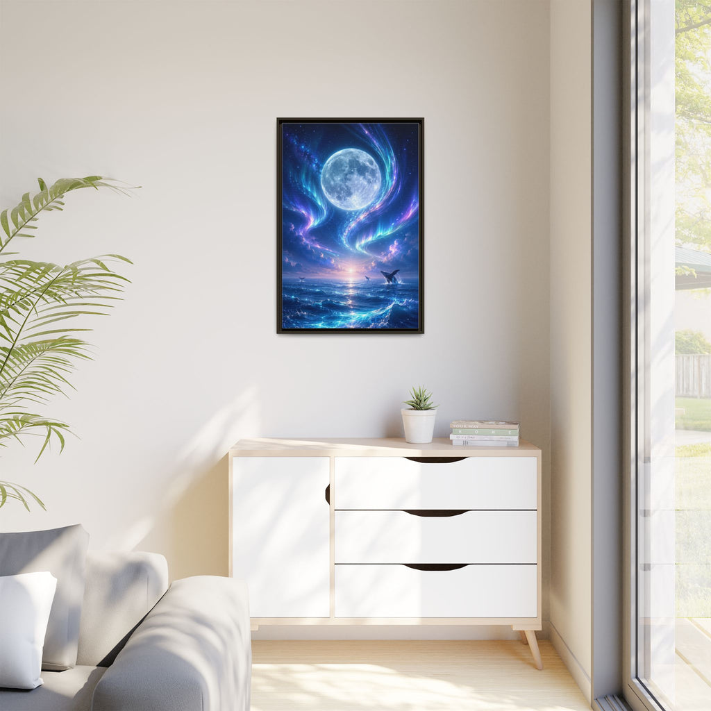 Framed Canvas Art - Lunar Aurora Ocean Scene