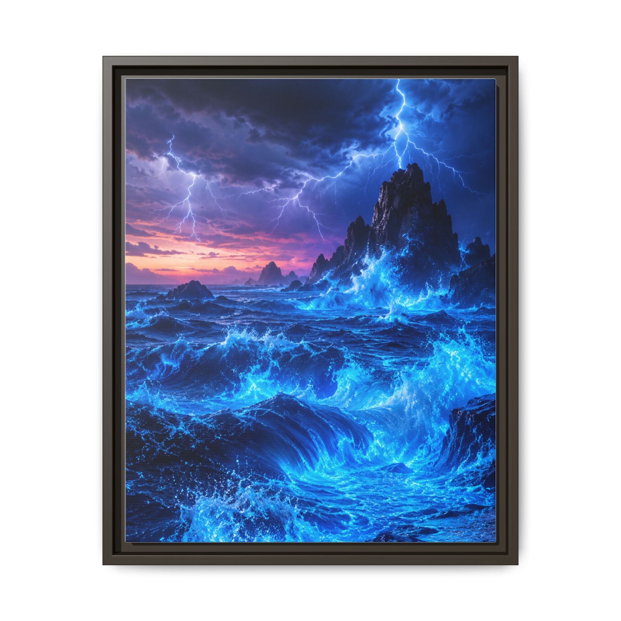 Framed Matte Canvas Art — Electric Stormy Ocean Landscape