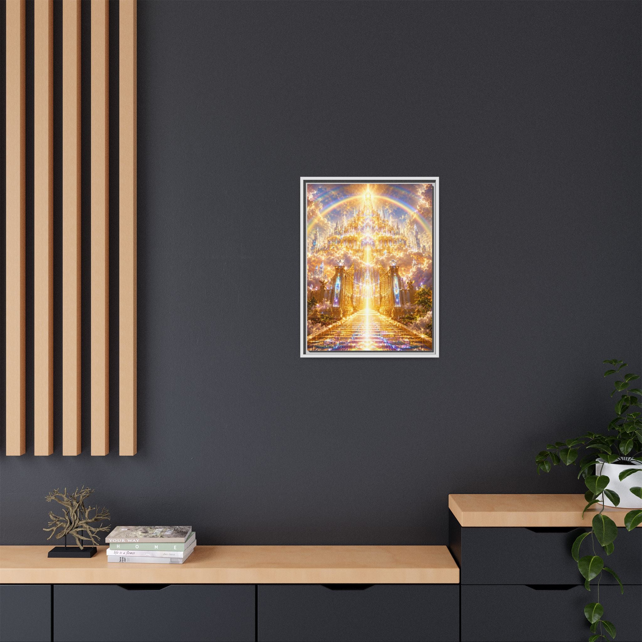 Heavenly Gateway Matte Framed Canvas — Golden Rainbow Spiritual Wall Art