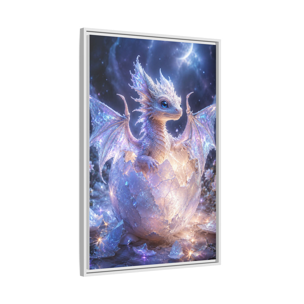 Framed Fantasy Dragon Canvas Print — Mystical Baby Dragon in Cracked Egg Wall Art