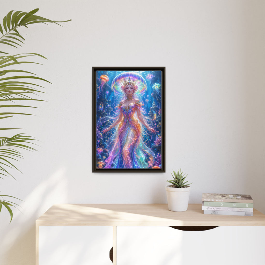 Jellyfish Queen Framed Canvas Art — Vibrant Mermaid Goddess Wall Print
