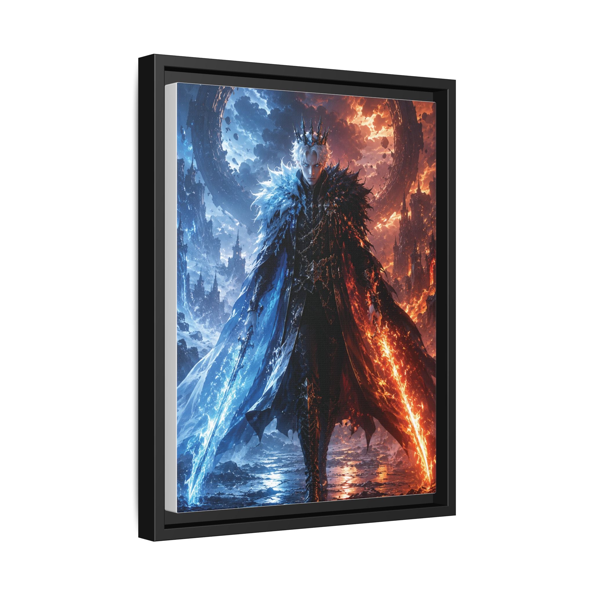 Framed Fantasy Canvas Print — Ice vs Fire Dark Knight Wall Art
