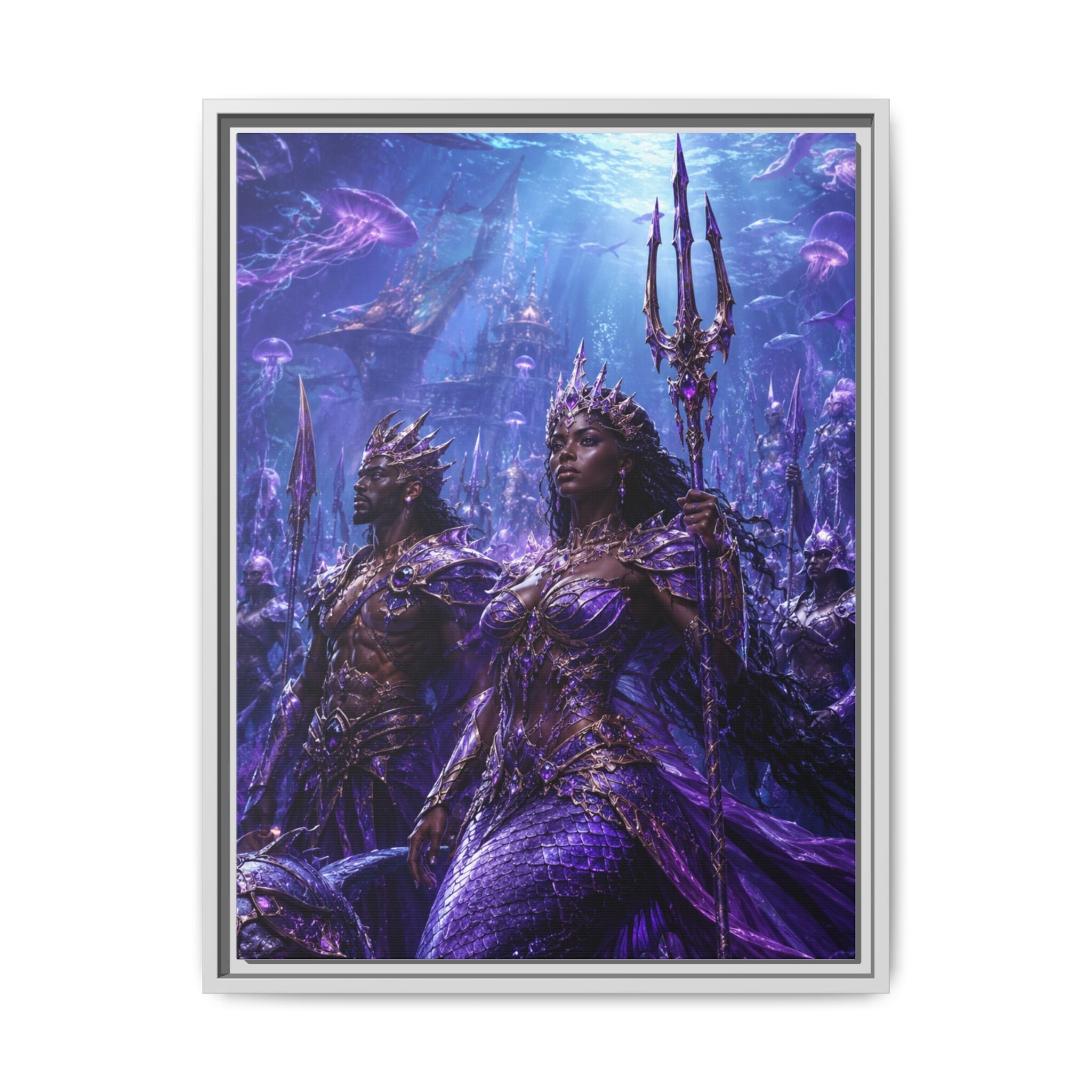Framed Matte Canvas Print — Regal Underwater Merfolk Royalty (Purple)