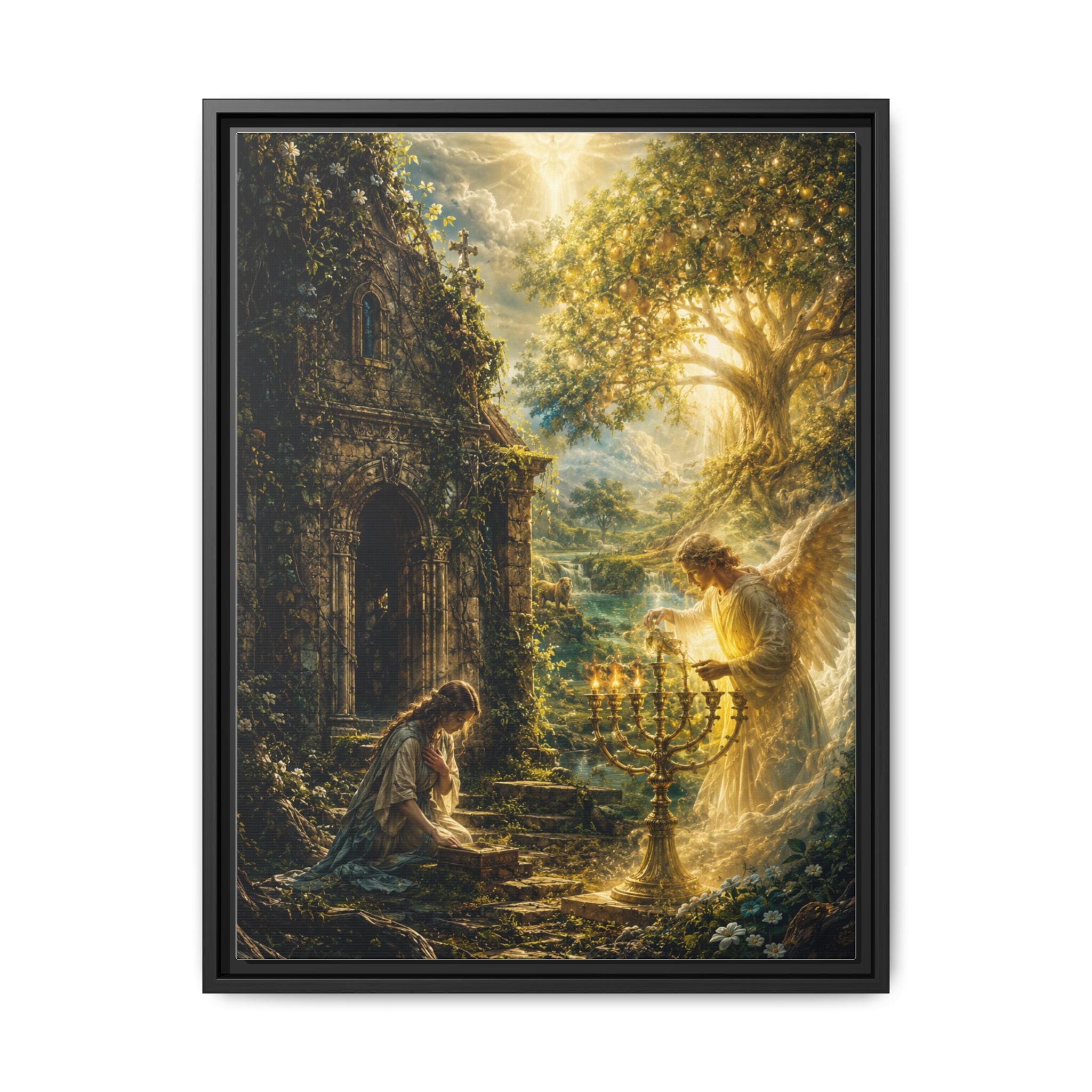 Angelic Prayer Scene Framed Matte Canvas Print