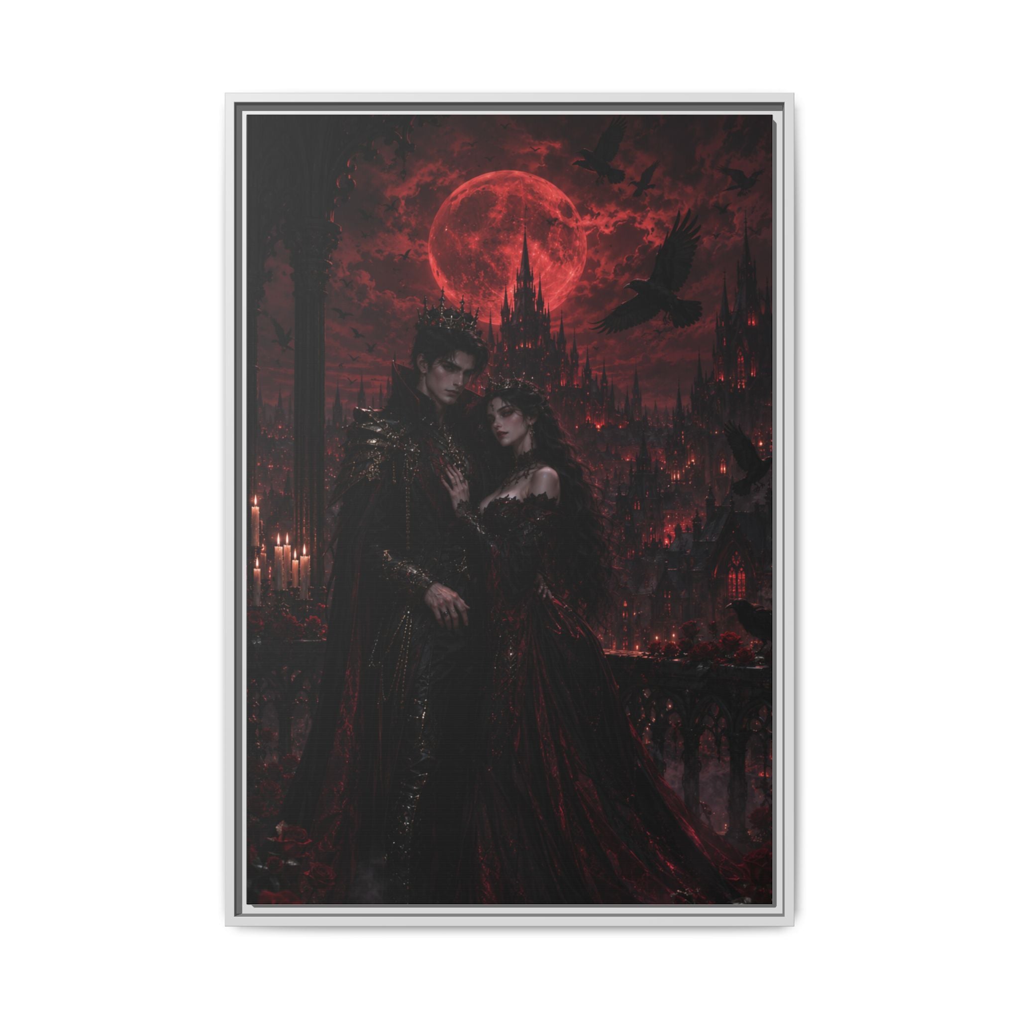 Vampire Lovers Matte Framed Canvas — Gothic Red Moon Wall Art