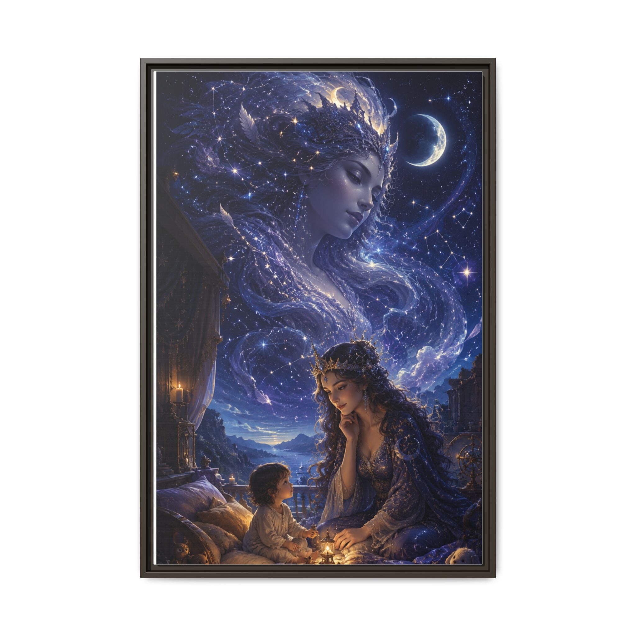 Framed Matte Canvas — Mystical Moon Mother & Child Nightscape Wall Art