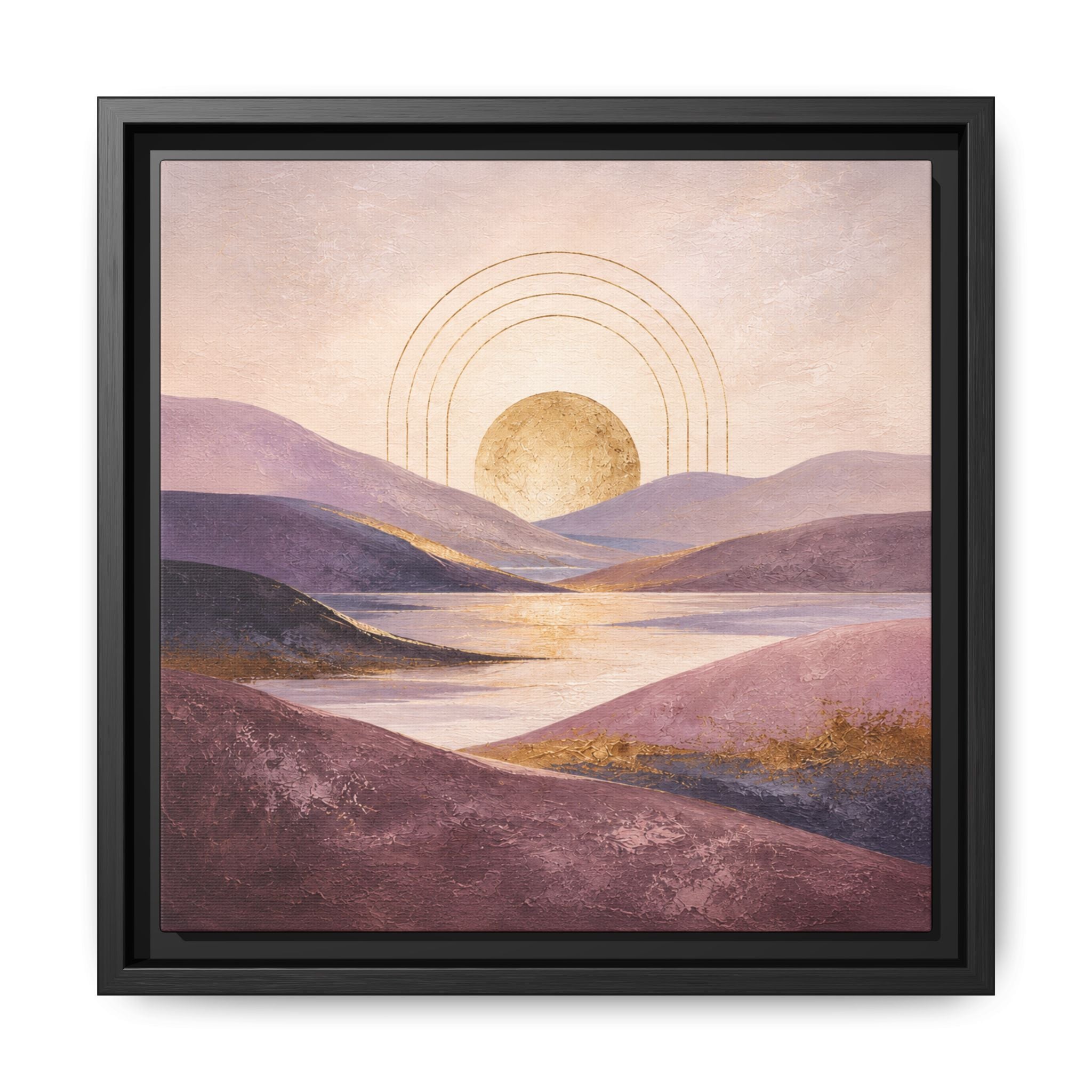 Framed Canvas Wall Art — Blush Sunrise Landscape with Golden Sun