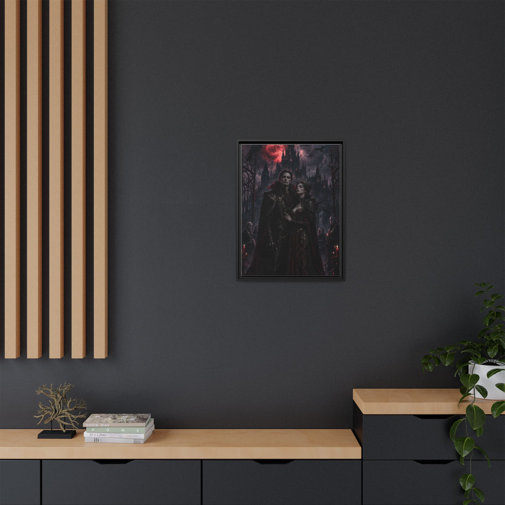 Vampire Couple Matte Framed Canvas Art – Gothic Red Moon Wall Decor