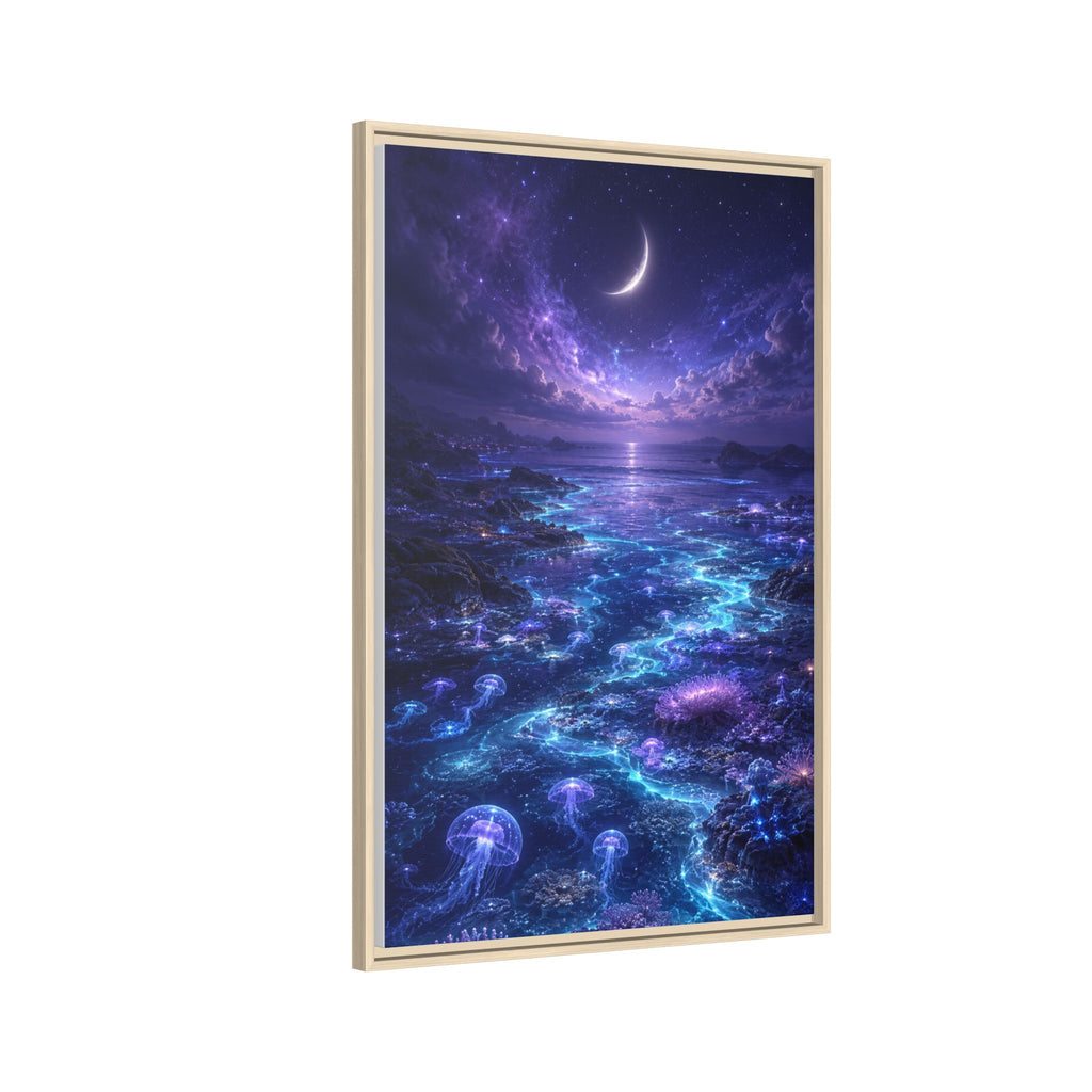 Framed Canvas Art — Bioluminescent Moonlit Ocean Scene