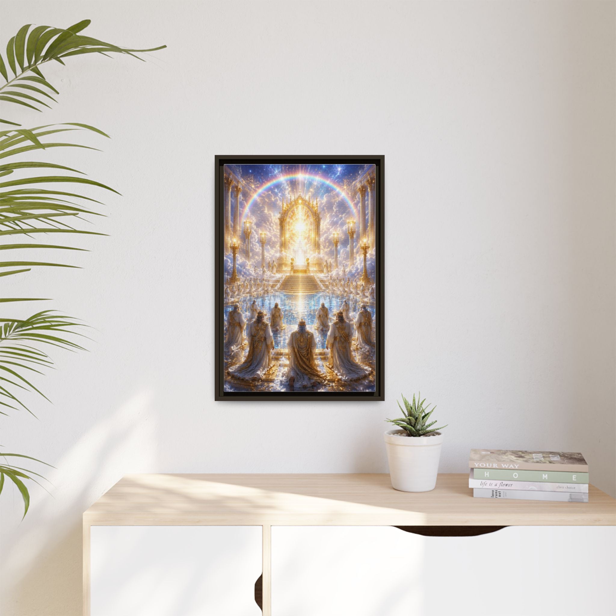 Heavenly Throne Room Matte Framed Canvas — Golden Angelic Realm Wall Art