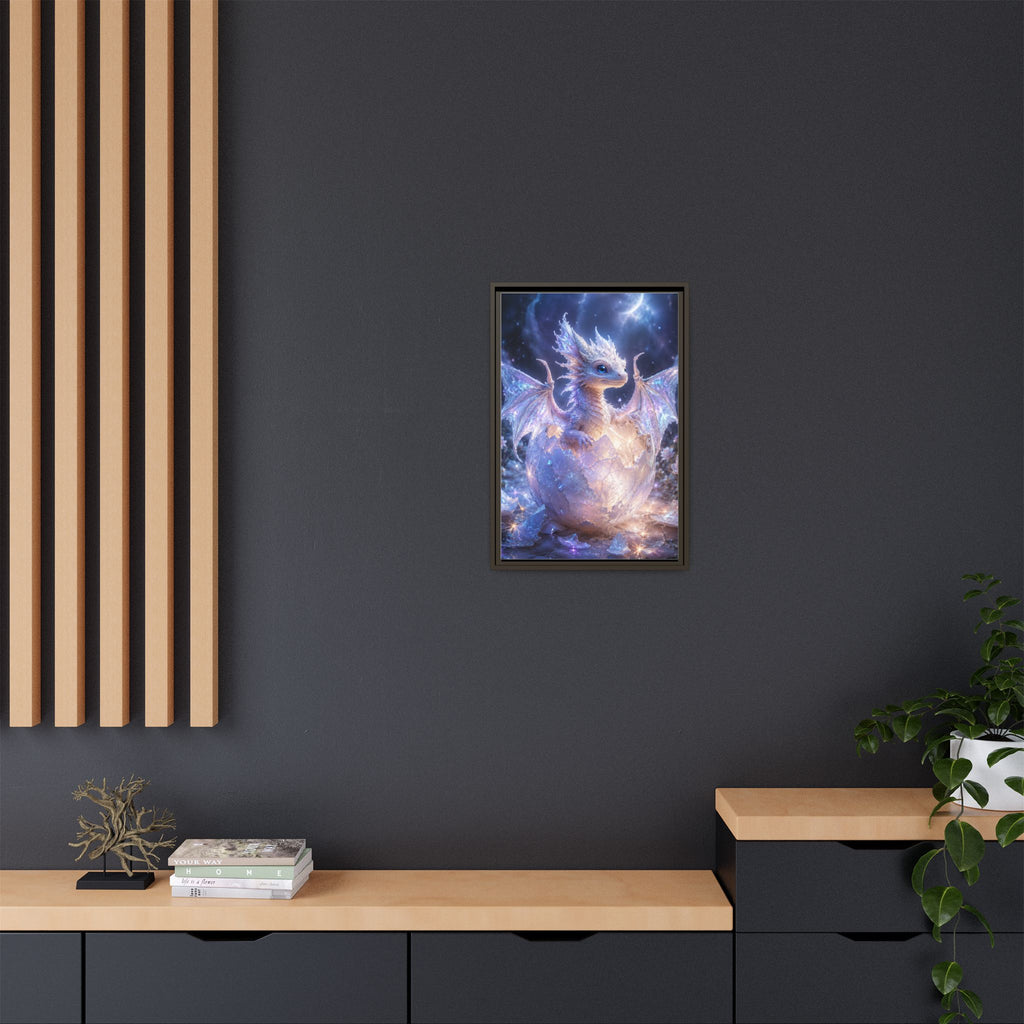 Framed Fantasy Dragon Canvas Print — Mystical Baby Dragon in Cracked Egg Wall Art