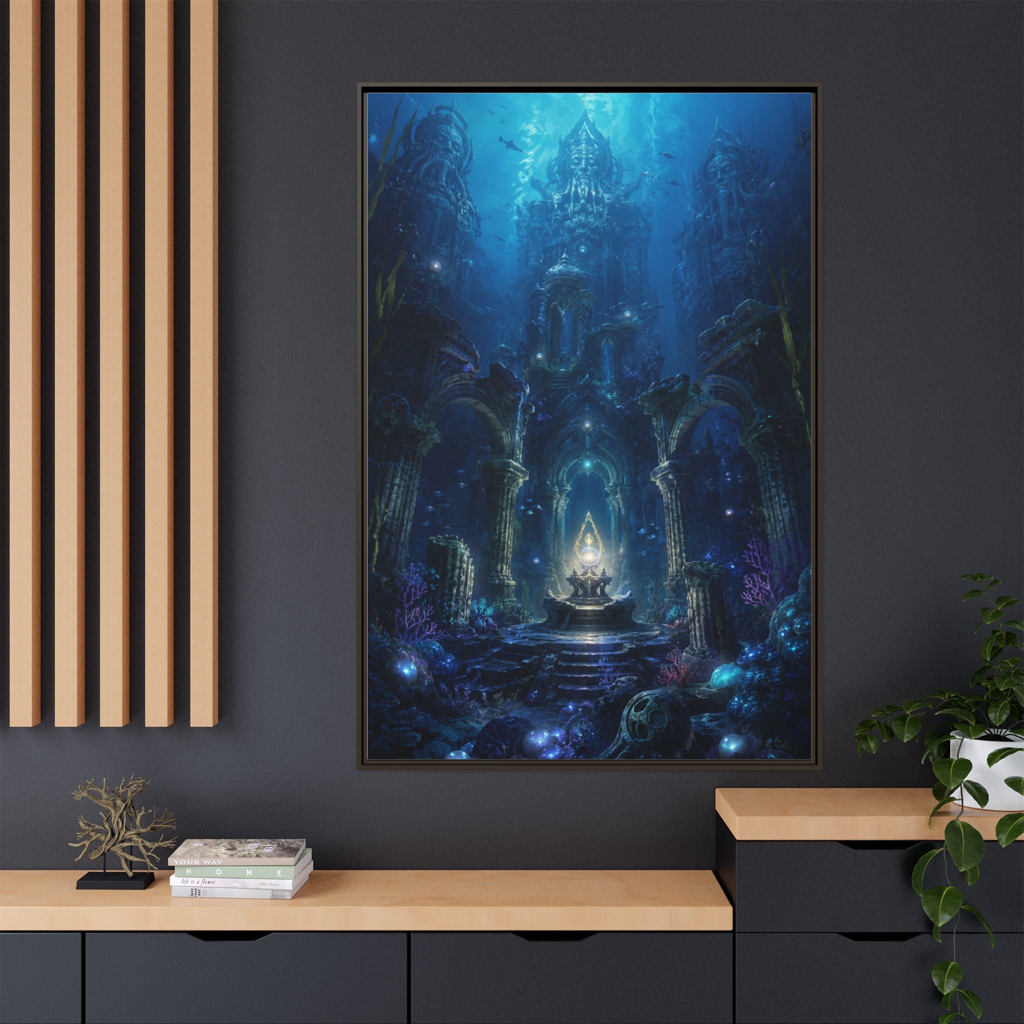Framed Matte Canvas - Enchanted Underwater Temple Fantasy Art