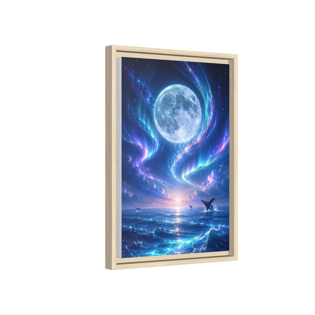 Framed Canvas Art - Lunar Aurora Ocean Scene