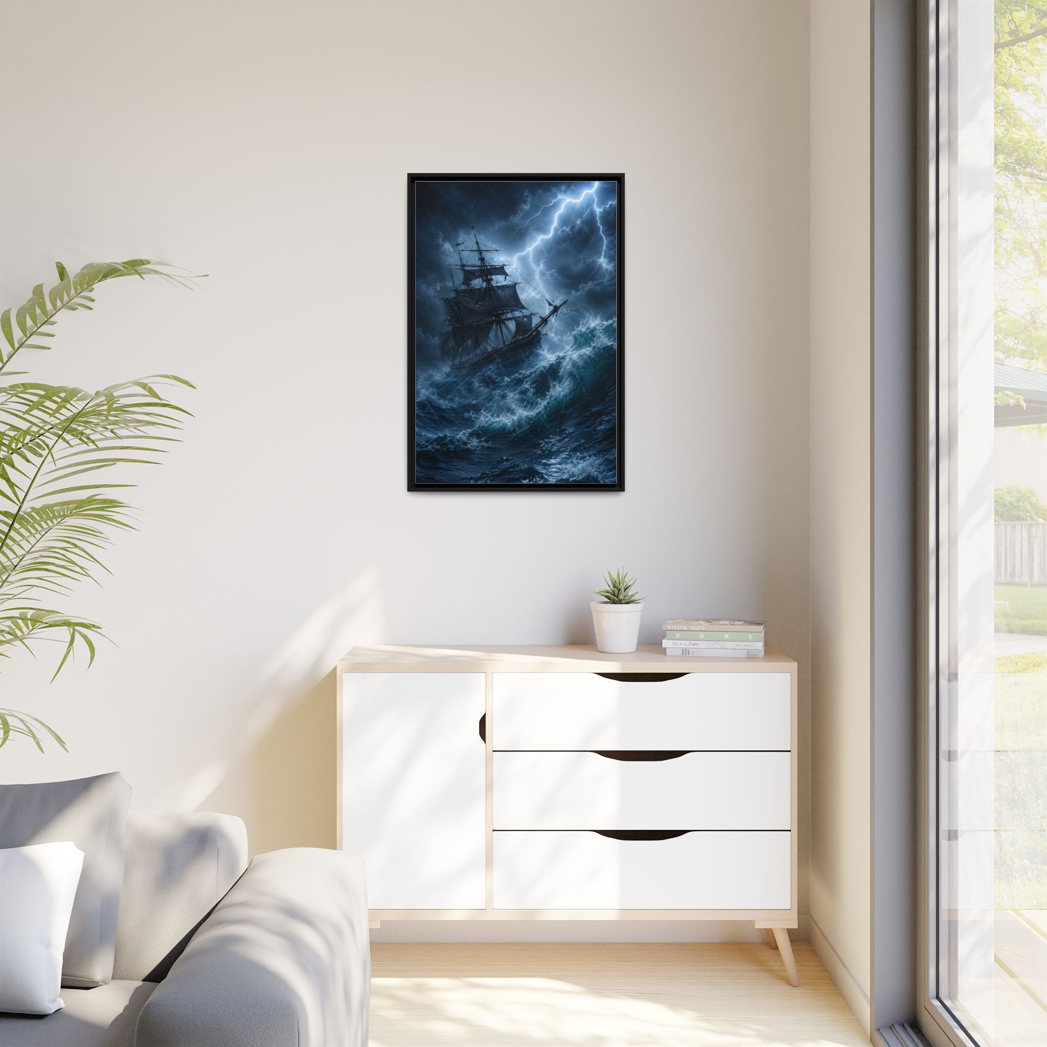 Stormy Seas Ship Painting — Framed Matte Canvas Wall Art