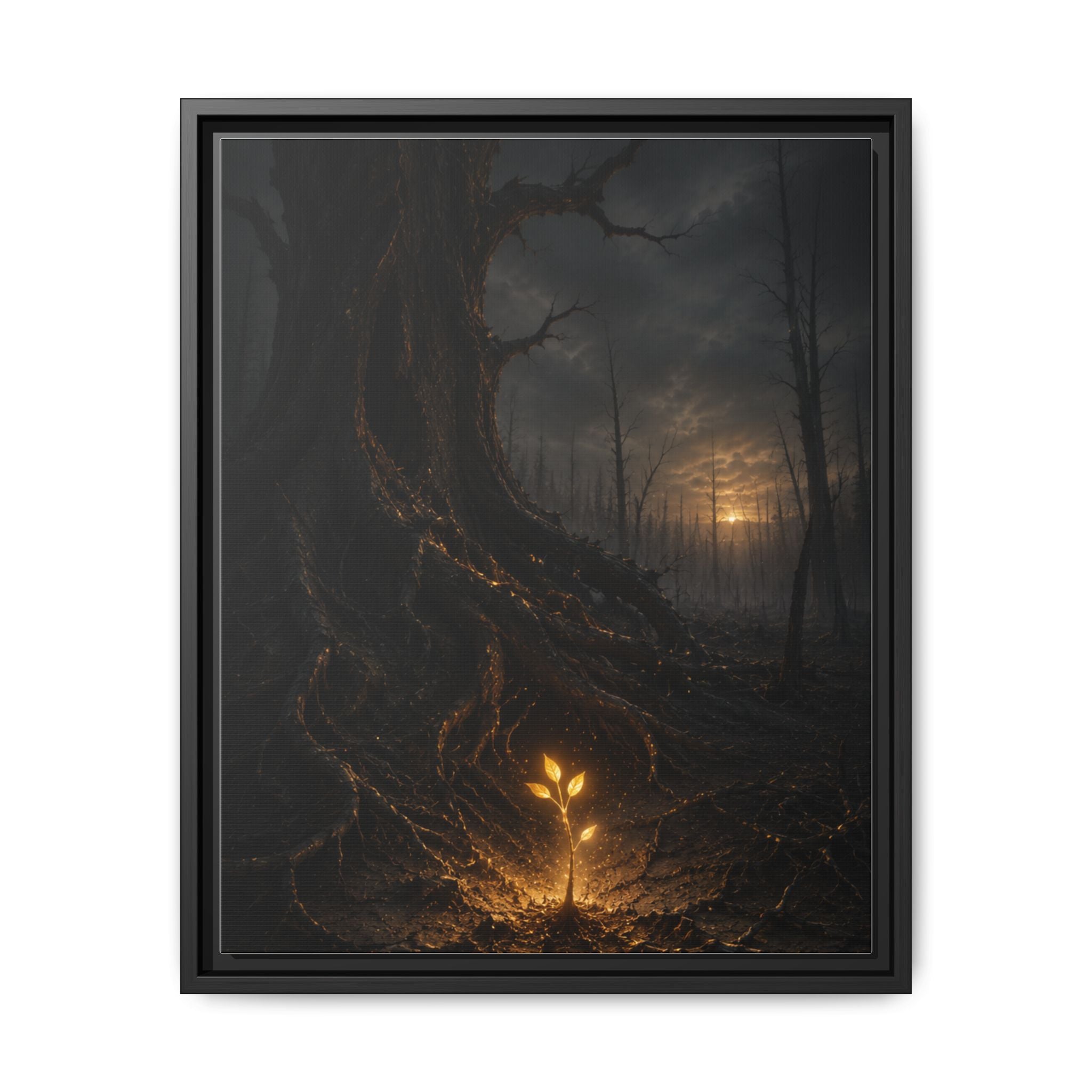 Framed Matte Canvas — Glow Sprout in Dark Forest (Ethereal Fantasy Wall Art)