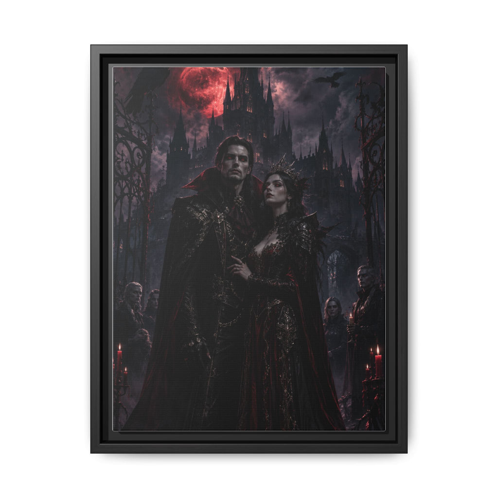 Vampire Couple Matte Framed Canvas Art – Gothic Red Moon Wall Decor