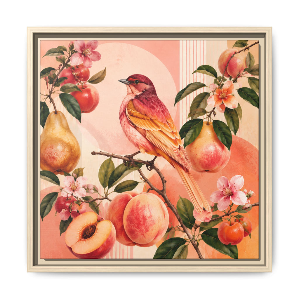 Framed Botanical Bird Canvas — Peach & Pear Vintage Wall Art