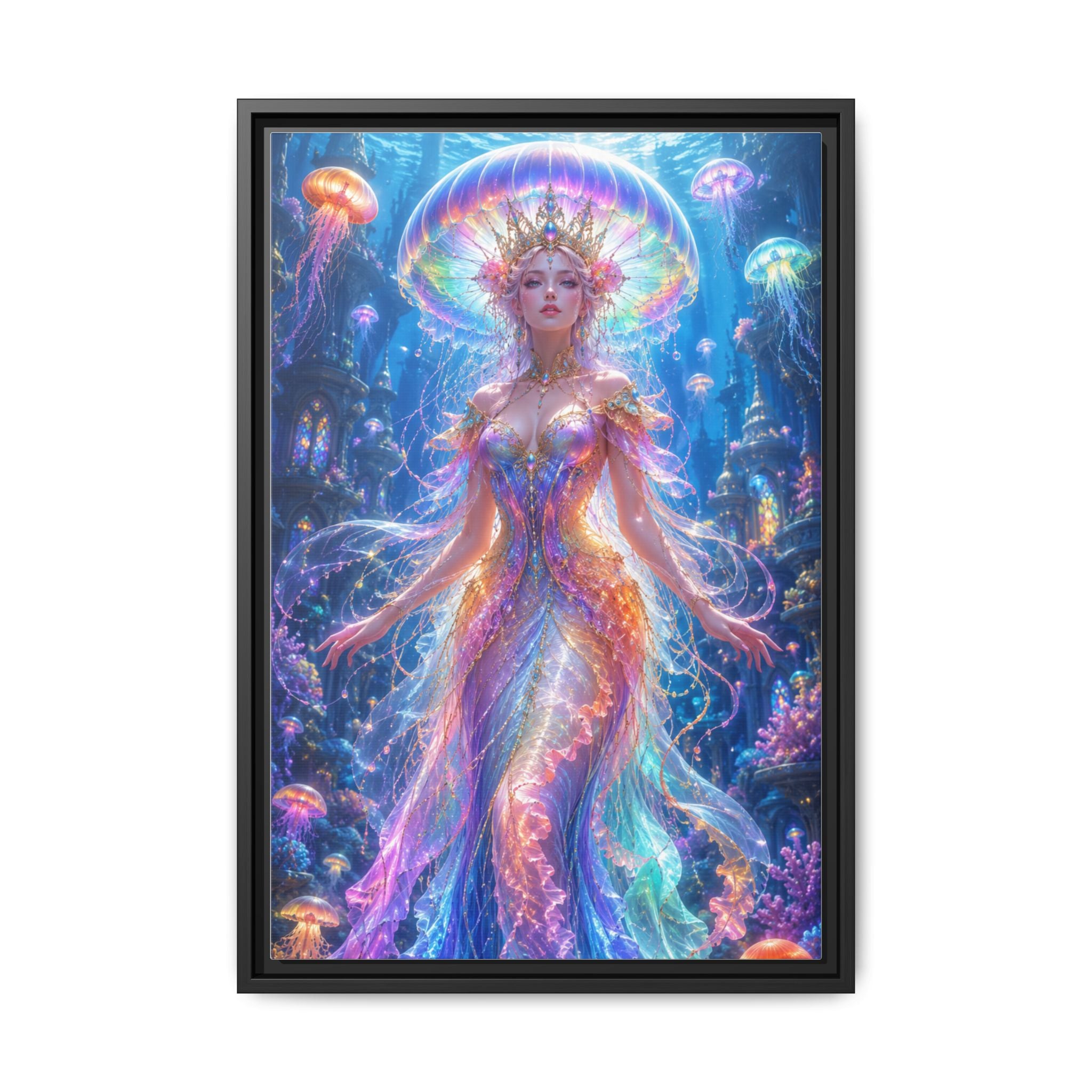 Jellyfish Queen Framed Canvas Art — Vibrant Mermaid Goddess Wall Print