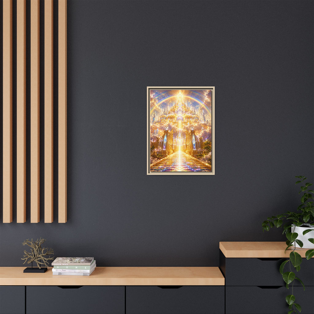 Heavenly Gateway Matte Framed Canvas — Golden Rainbow Spiritual Wall Art