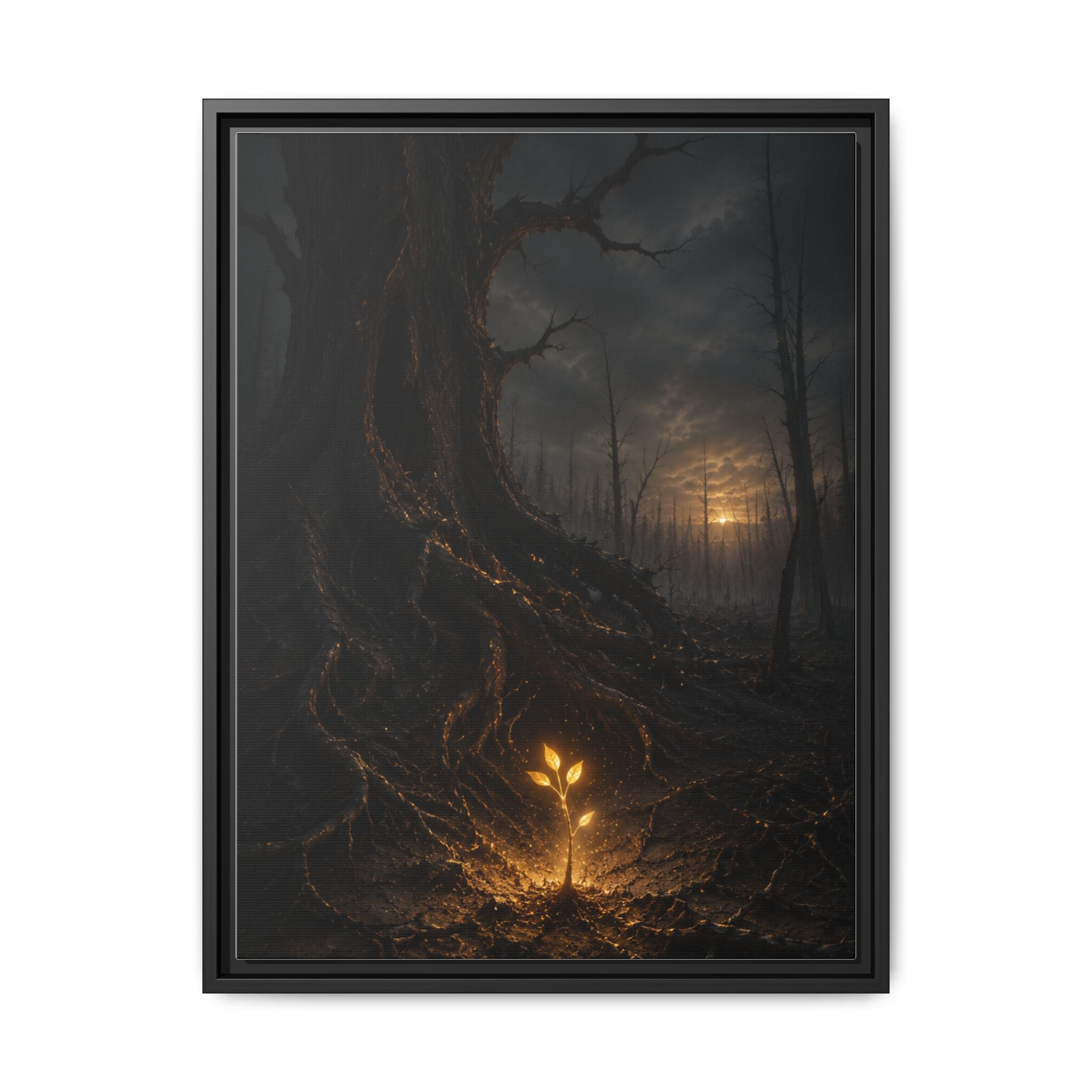 Framed Matte Canvas — Glow Sprout in Dark Forest (Ethereal Fantasy Wall Art)