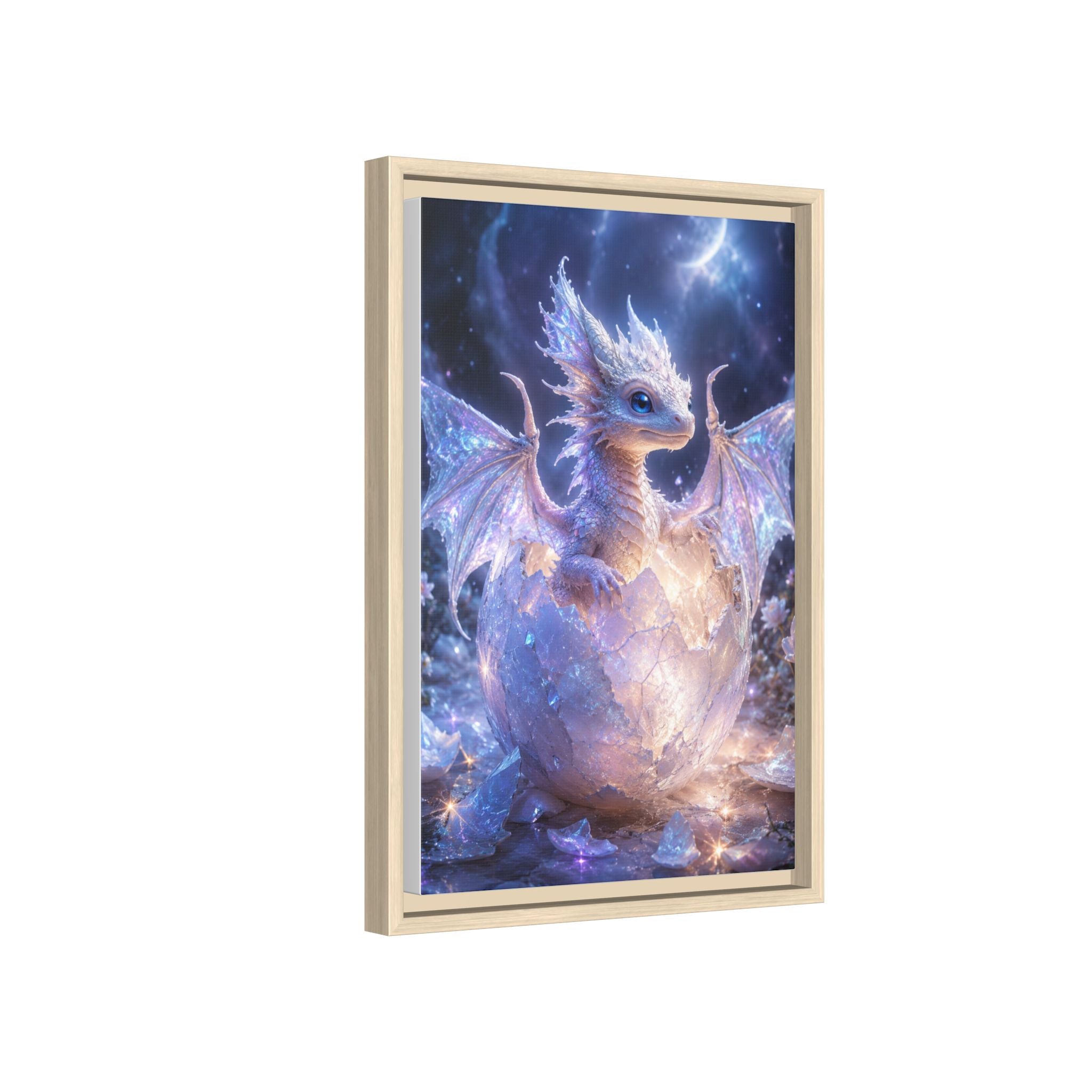 Framed Fantasy Dragon Canvas Print — Mystical Baby Dragon in Cracked Egg Wall Art