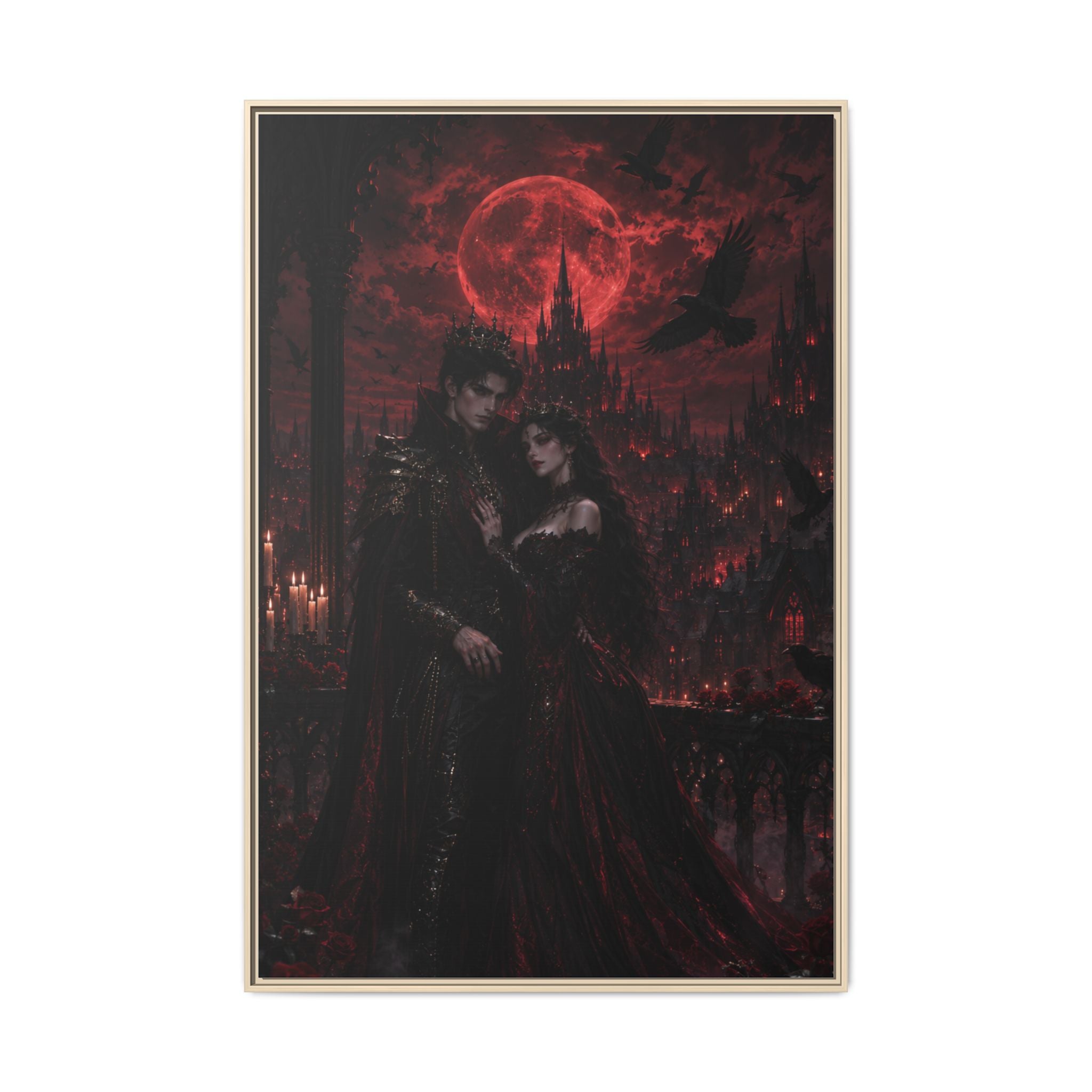 Vampire Lovers Matte Framed Canvas — Gothic Red Moon Wall Art