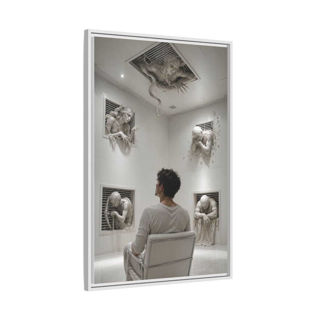 Surreal Wall Art Canvas — Man in Gallery with Sculpted Figures, Framed Matte Print