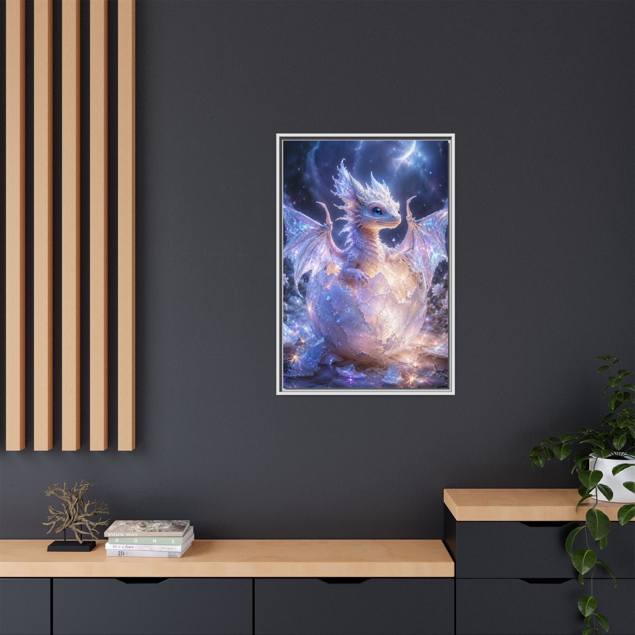 Framed Fantasy Dragon Canvas Print — Mystical Baby Dragon in Cracked Egg Wall Art