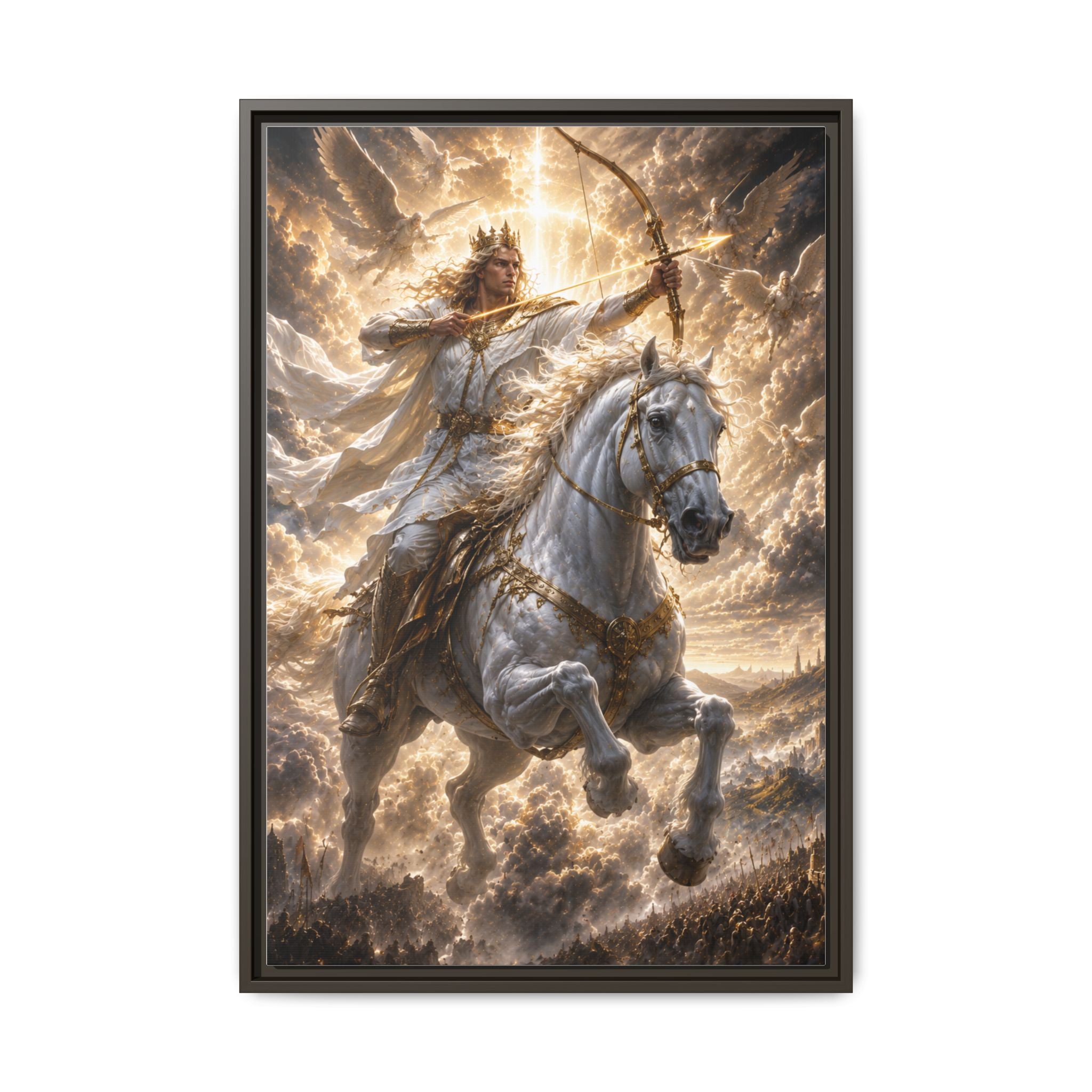 Mythic Warrior on White Steed — Framed Matte Canvas Wall Art