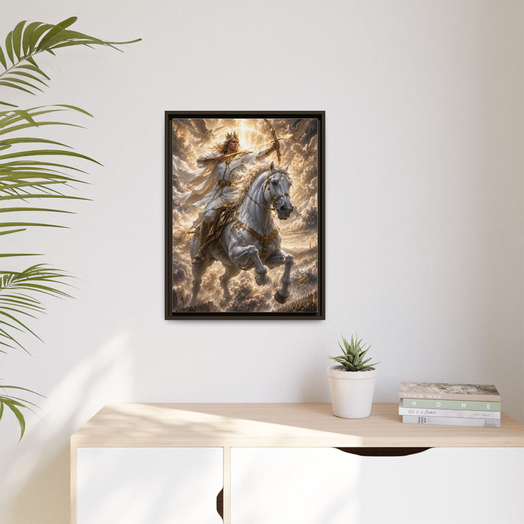 Mythic Warrior on White Steed — Framed Matte Canvas Wall Art