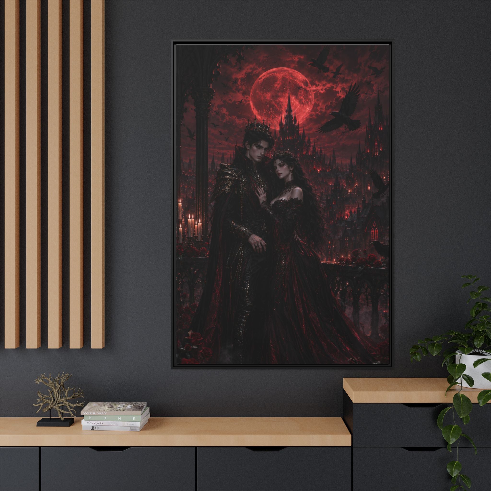 Vampire Lovers Matte Framed Canvas — Gothic Red Moon Wall Art