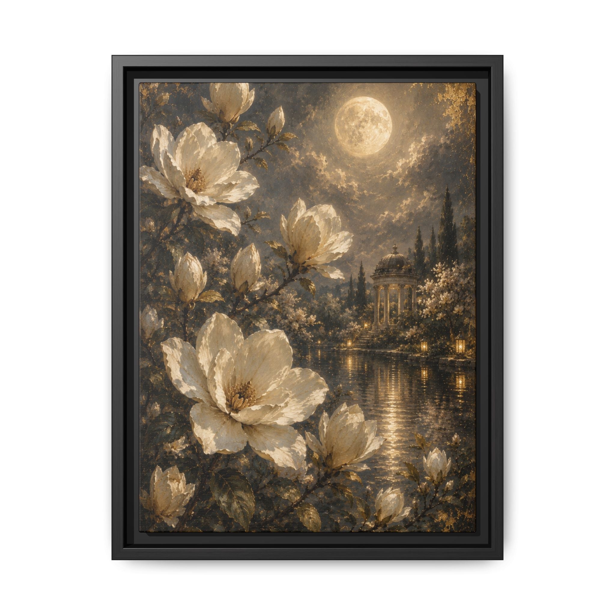 Framed Floral Canvas Wall Art — Vintage Garden Nightscape