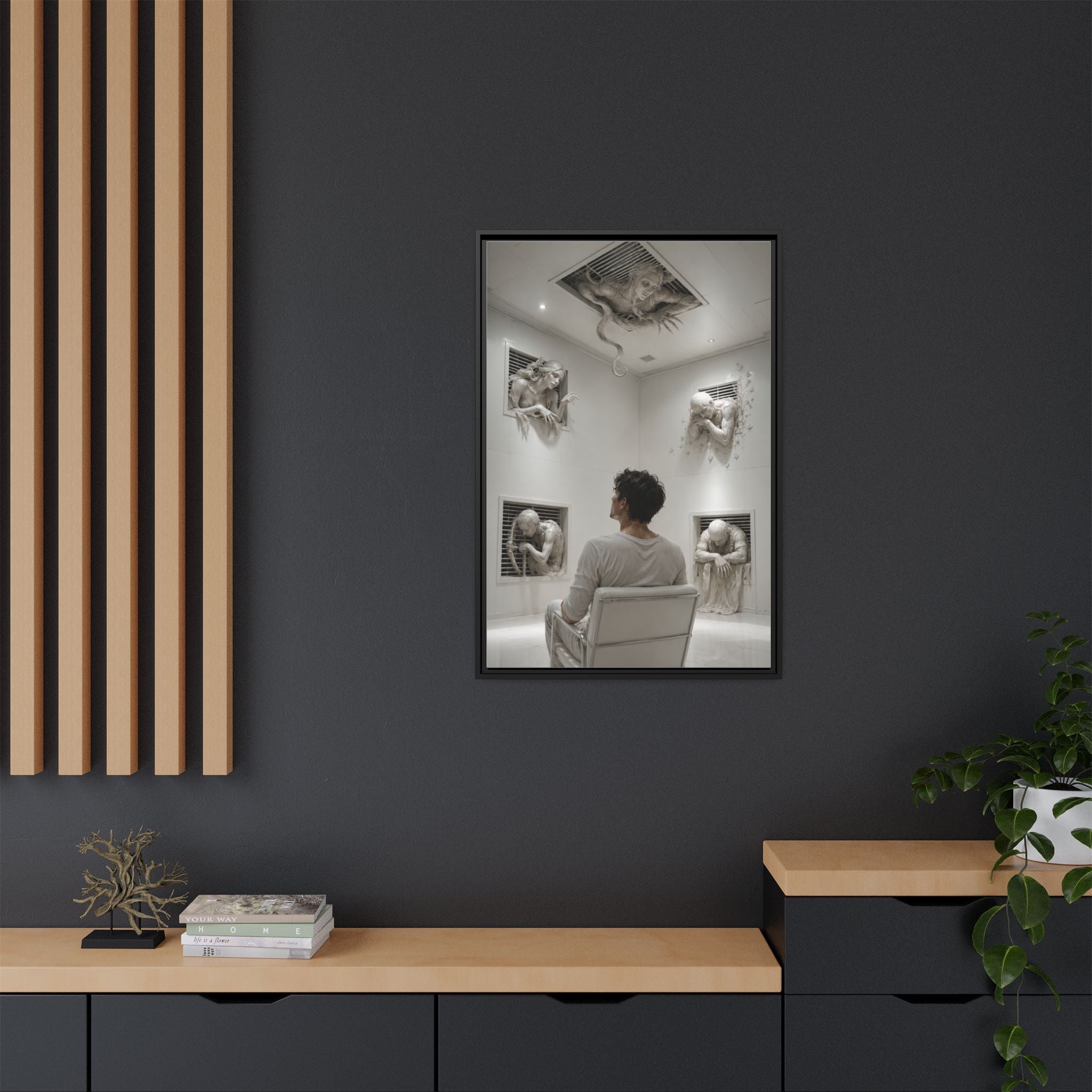 Surreal Wall Art Canvas — Man in Gallery with Sculpted Figures, Framed Matte Print