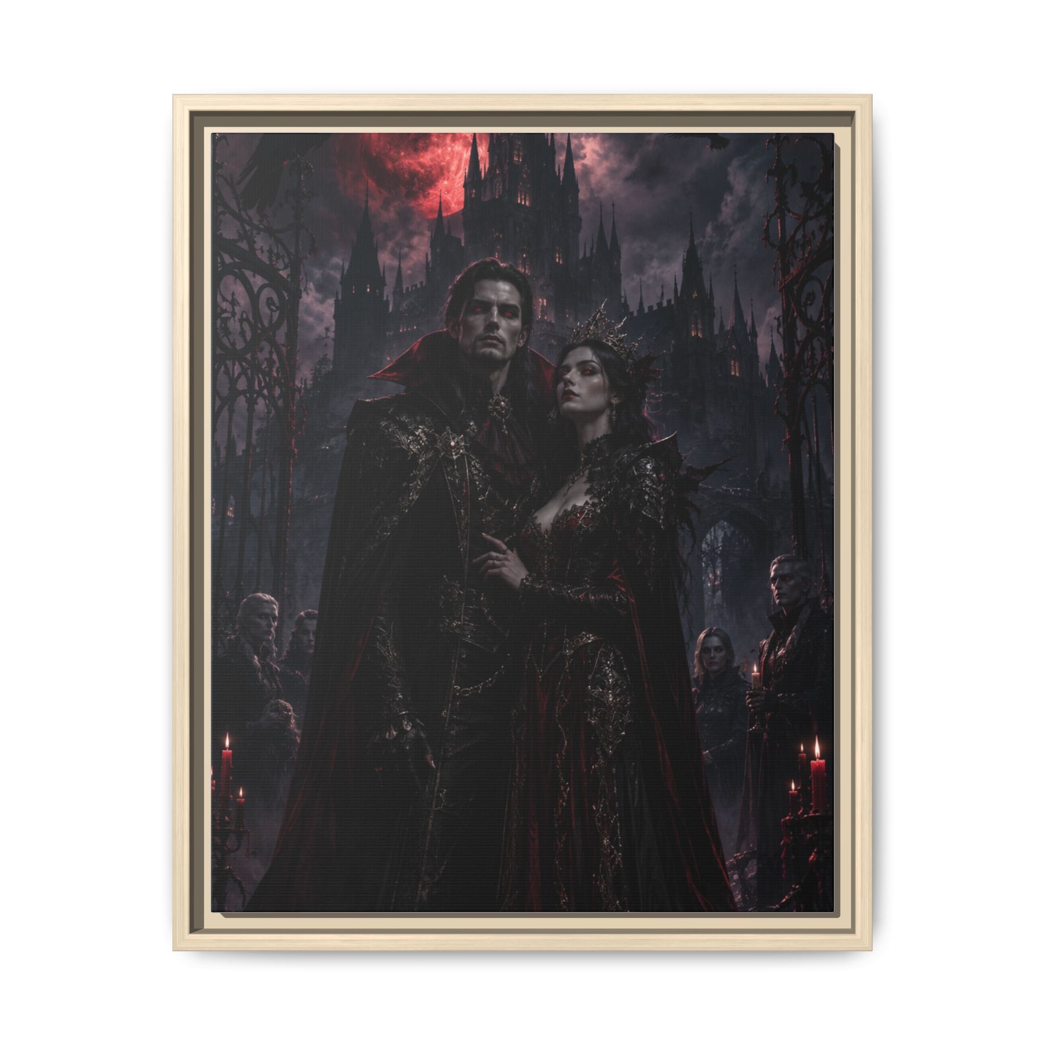 Vampire Couple Matte Framed Canvas Art – Gothic Red Moon Wall Decor