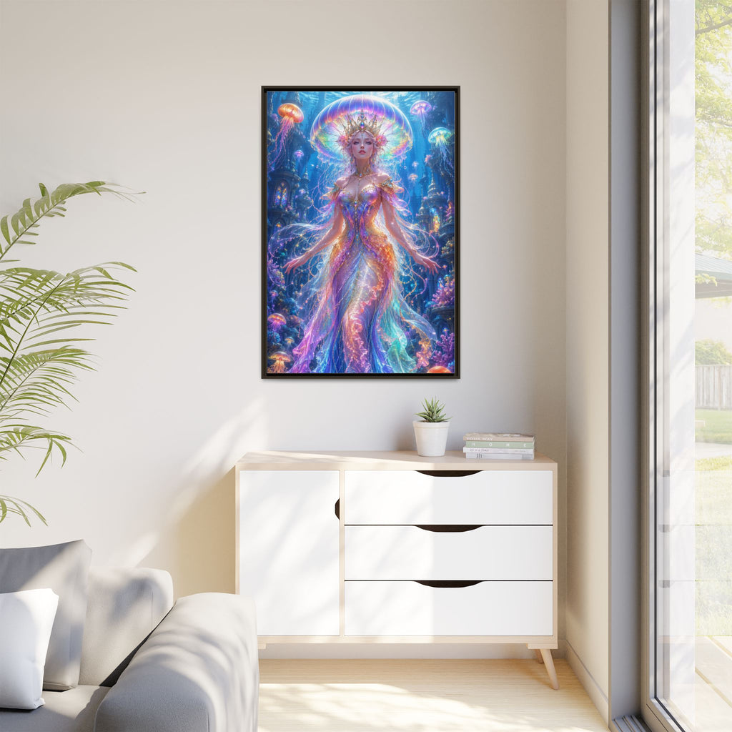 Jellyfish Queen Framed Canvas Art — Vibrant Mermaid Goddess Wall Print