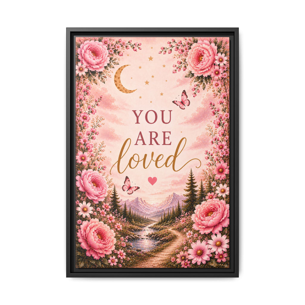 You Are Loved wall art Framed Canvas | Floral moon landscape print