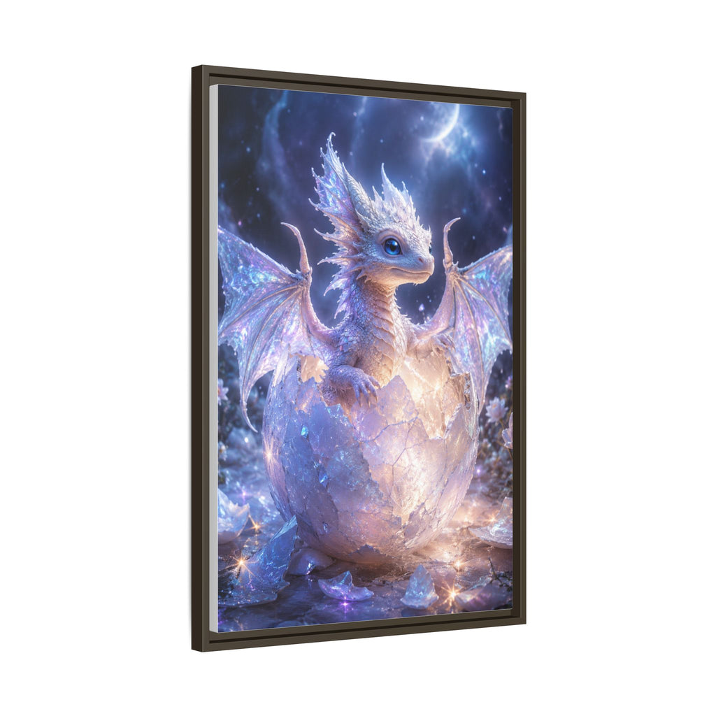 Framed Fantasy Dragon Canvas Print — Mystical Baby Dragon in Cracked Egg Wall Art