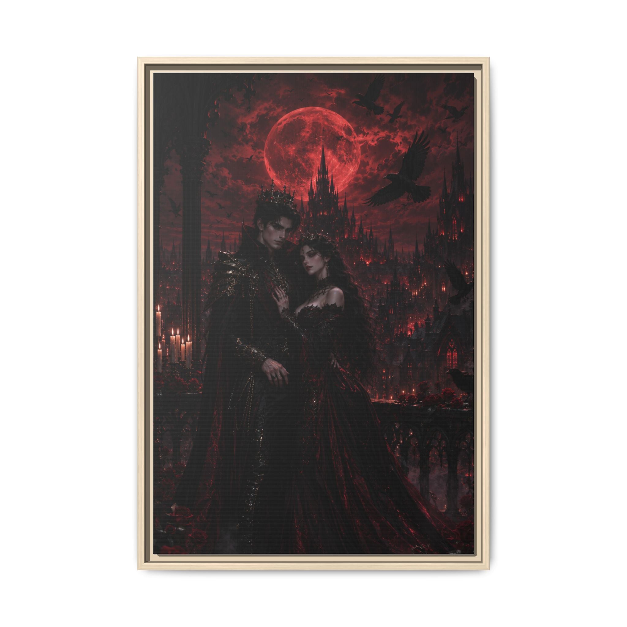 Vampire Lovers Matte Framed Canvas — Gothic Red Moon Wall Art