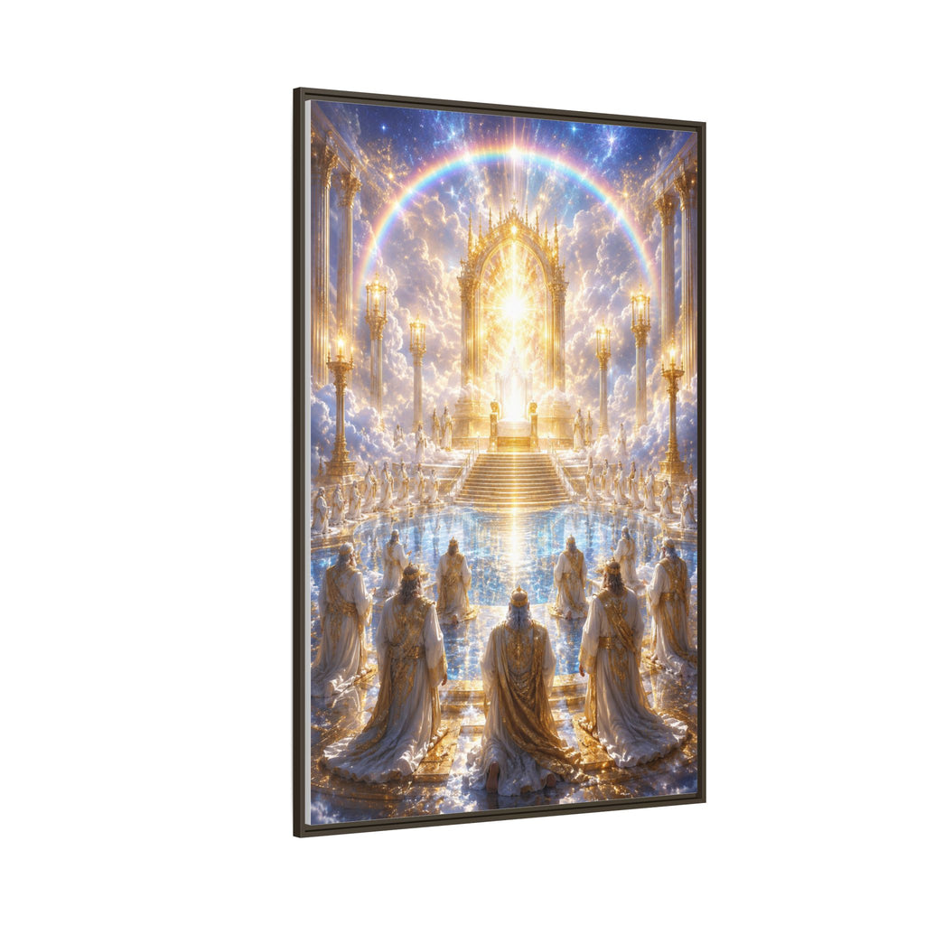 Heavenly Throne Room Matte Framed Canvas — Golden Angelic Realm Wall Art
