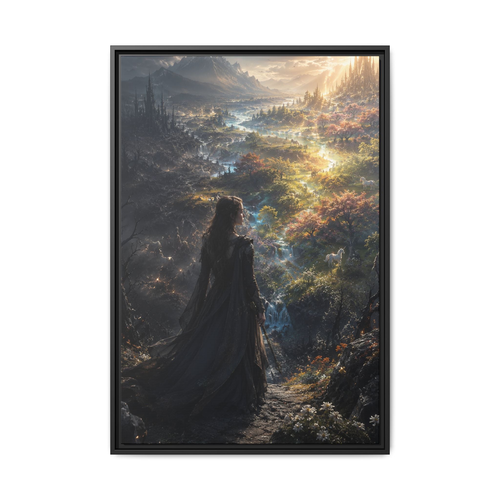 Fine Art Paper Print — Mystical Woman Over Enchanted Valley (Multi‑Color)