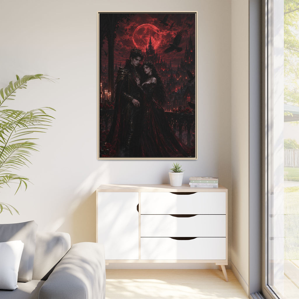 Vampire Lovers Matte Framed Canvas — Gothic Red Moon Wall Art