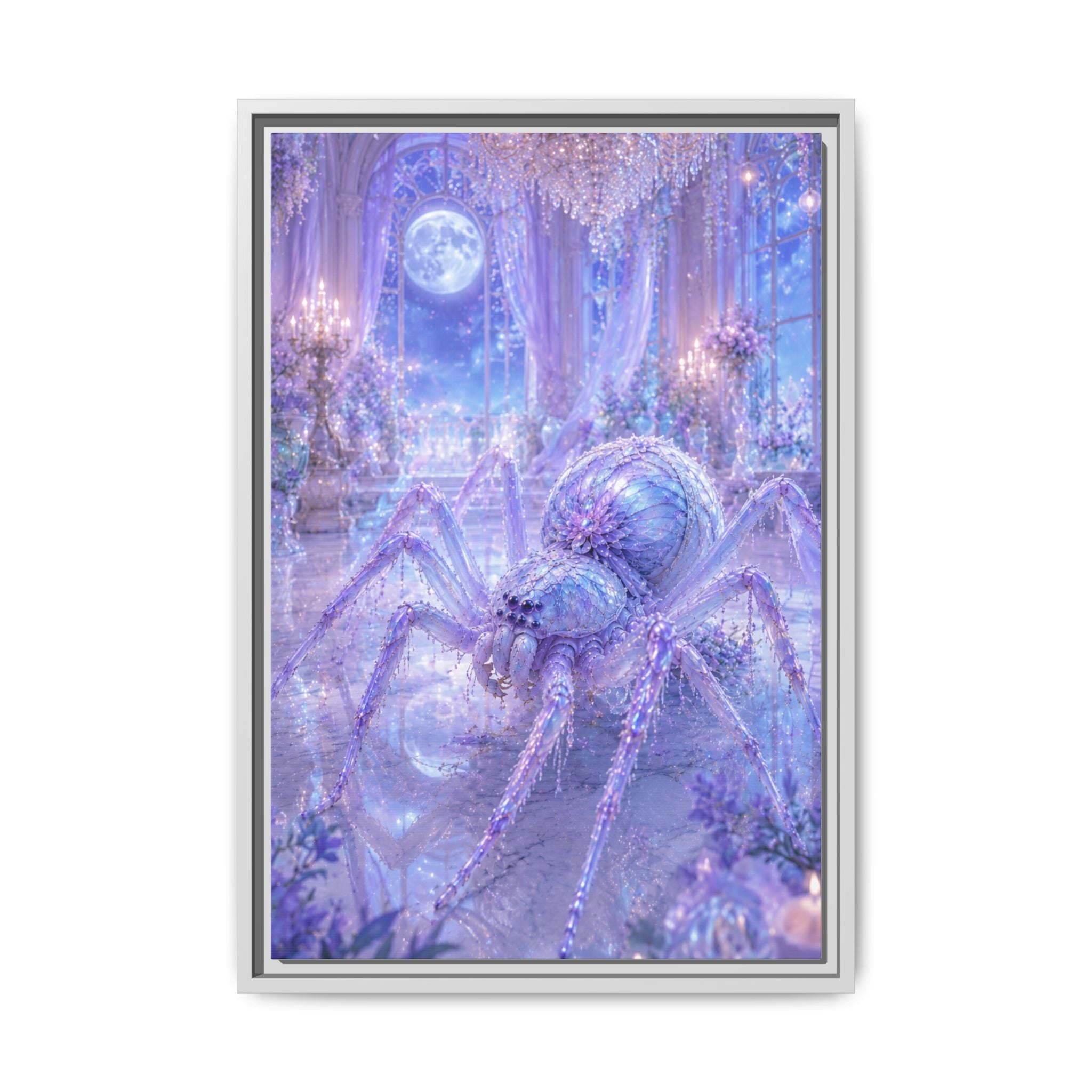 Moonlit Spider Fantasy Canvas Print — Lavender Enchanted Wall Art (Framed)