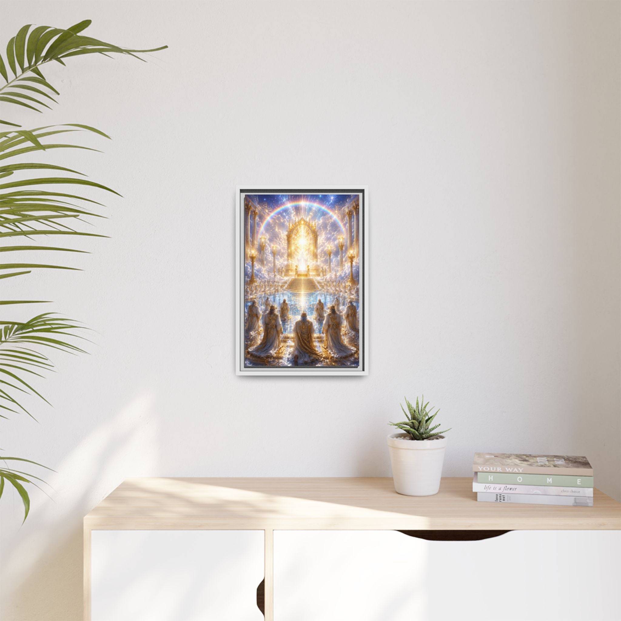 Heavenly Throne Room Matte Framed Canvas — Golden Angelic Realm Wall Art