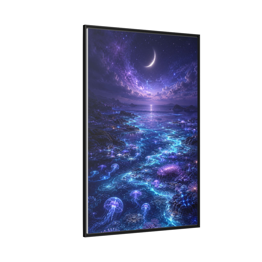 Framed Canvas Art — Bioluminescent Moonlit Ocean Scene