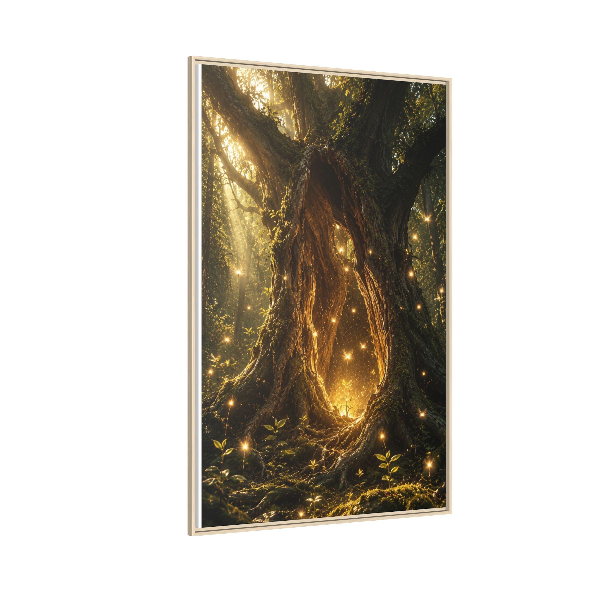 Framed Canvas Art - Enchanted Forest Tree with Glowing Fireflies
