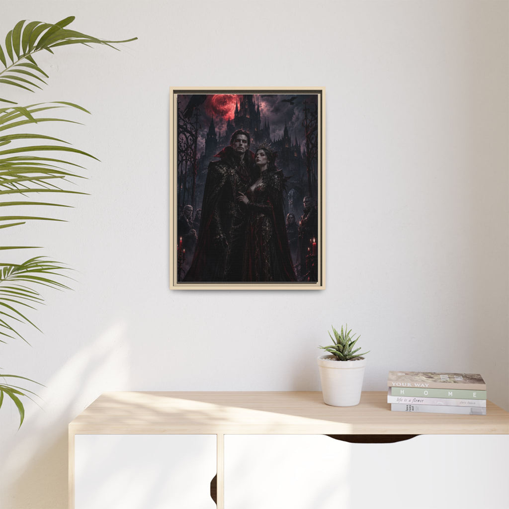 Vampire Couple Matte Framed Canvas Art – Gothic Red Moon Wall Decor