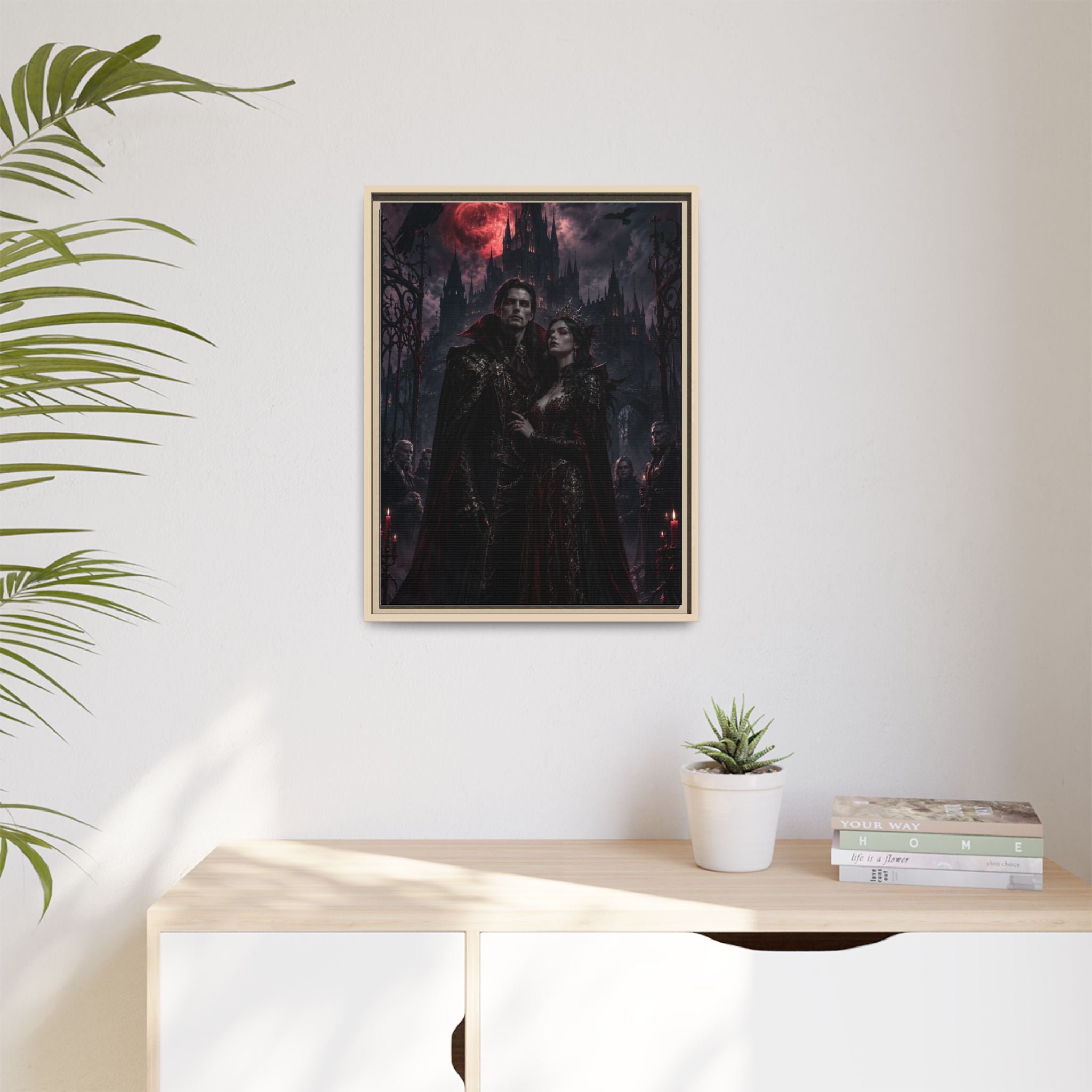 Vampire Couple Matte Framed Canvas Art – Gothic Red Moon Wall Decor