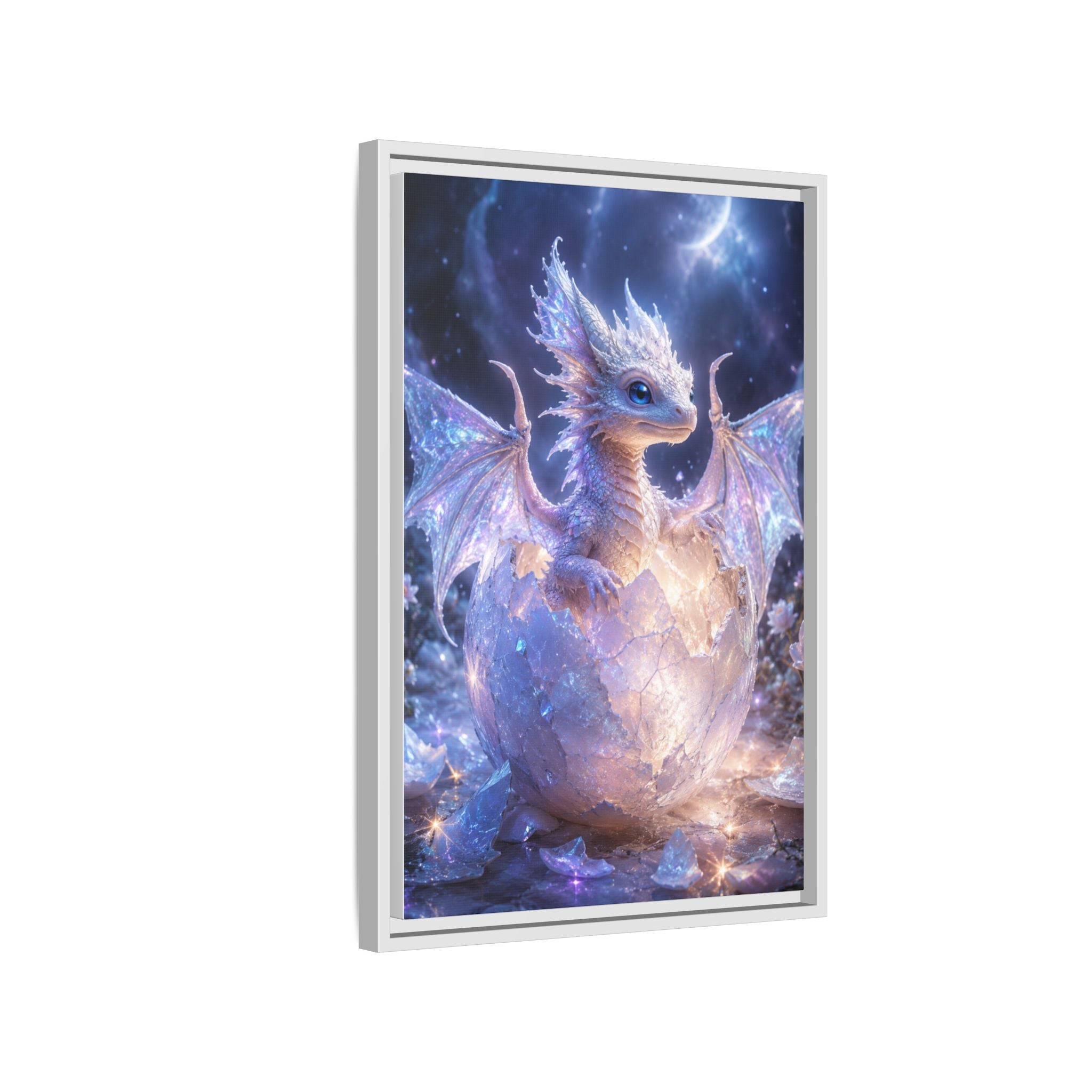 Framed Fantasy Dragon Canvas Print — Mystical Baby Dragon in Cracked Egg Wall Art