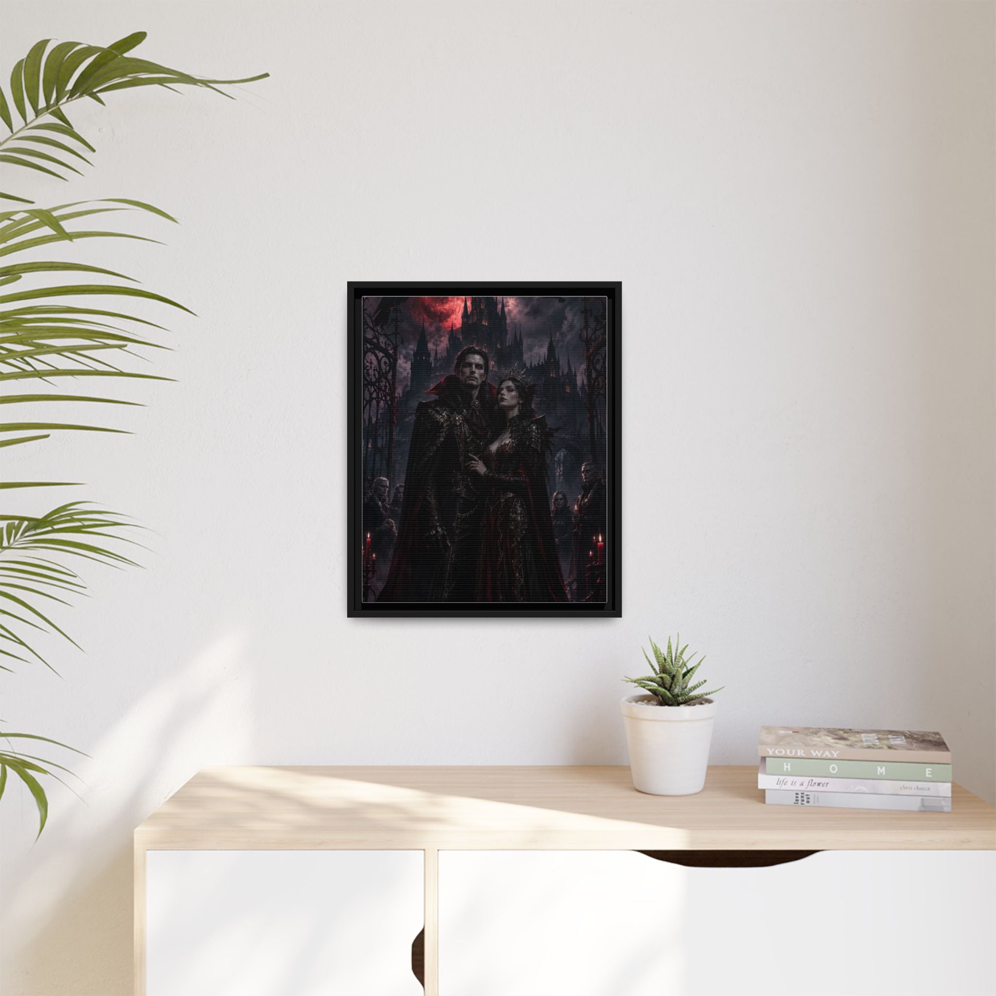 Vampire Couple Matte Framed Canvas Art – Gothic Red Moon Wall Decor